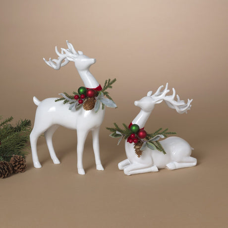 PRE-ORDER Gerson 11.8"L Lying & 17.9"H Standing Resin Holiday Deer w/ Floral Wreaths 2795500