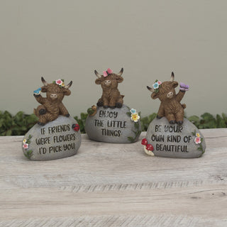 Pre-Order Spring 2026 Resin Highland Cow Sitting on Inspirational Stone Set