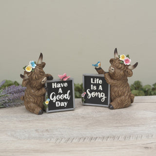 Pre-Order Spring 2026 Resin Highland Cow Life Good Day Sign Set with Butterflies Flowers