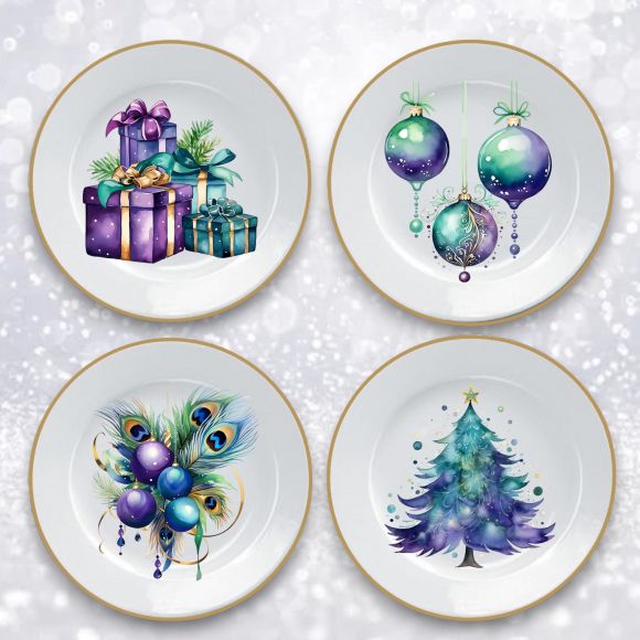 PRE-ORDER December Diamonds 6 in Peacock Christmas Dessert Plate Set  29-30215