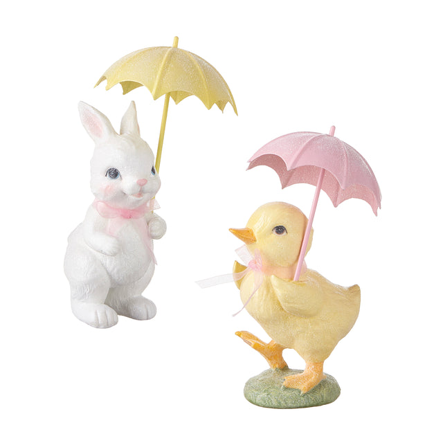 7" Glittered Bunny Duck and Umbrella Set