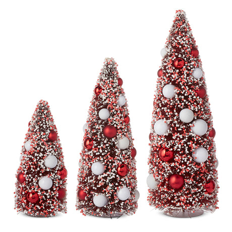 Raz 15" Red and White Bottle Brush Trees with Ornaments