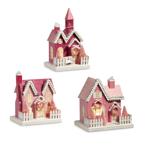 Raz 9.25" Pink Lighted Glittered Christmas House