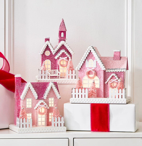 Raz 9.25" Pink Lighted Glittered Christmas House