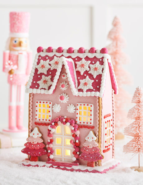 Raz 13" Lighted Pink Christmas Gingerbread House Decoration