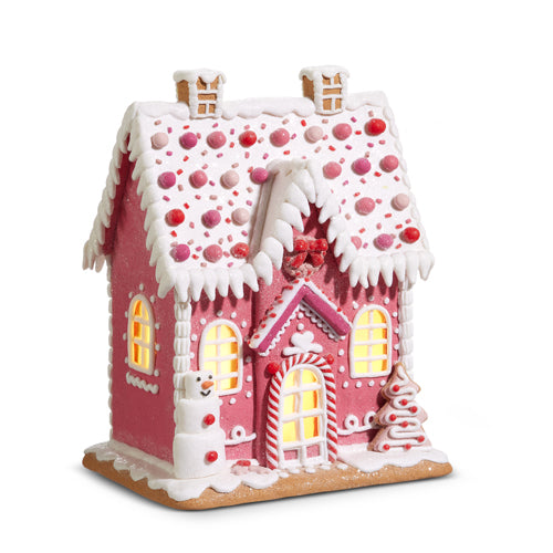 Raz Imports 11.5" Lighted Pink Gingerbread House with Snowman w/Timer