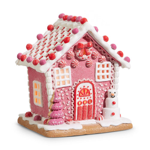 Raz Imports 8.5" Lighted Pink Gingerbread Snowman House w/Timer