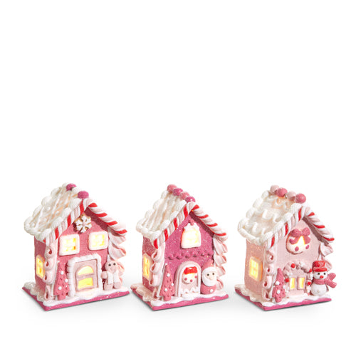 Raz 4.25" Pink Lighted Gingerbread House Ornament Set of 3