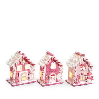 Raz 4.25" Light up Pink Gingerbread House Ornament Set of 3   4416329-R92