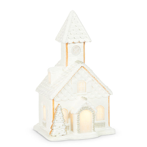 PRE-ORDER  Raz 16.5" Lighted White Church with Pearls 4510444