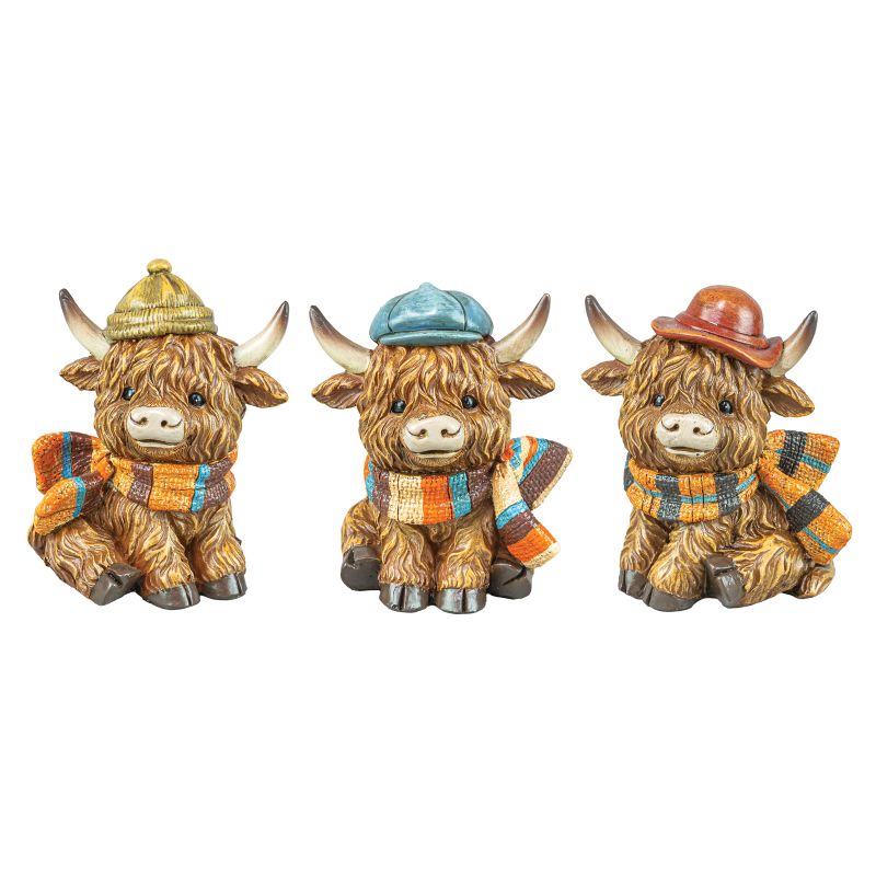 Pre-Order 3.25 Autumn Fall Highland Cow Set with Hats & Scarf Tabletop 45123