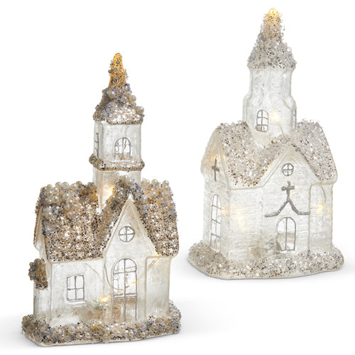 Pre-Order Raz 9" Glittered Pearl Glass Church Set 4524951