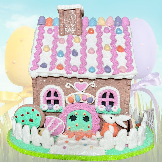 Easter Gingerbread House Light Up Bunny Rabbit Pastel Brown Tabletop 35E35