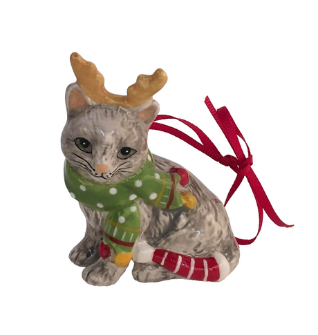 BLUE SKY CLAYWORKS GRAY CAT/KITTEN with ANTLERS Christmas Ornaments NIB 2023