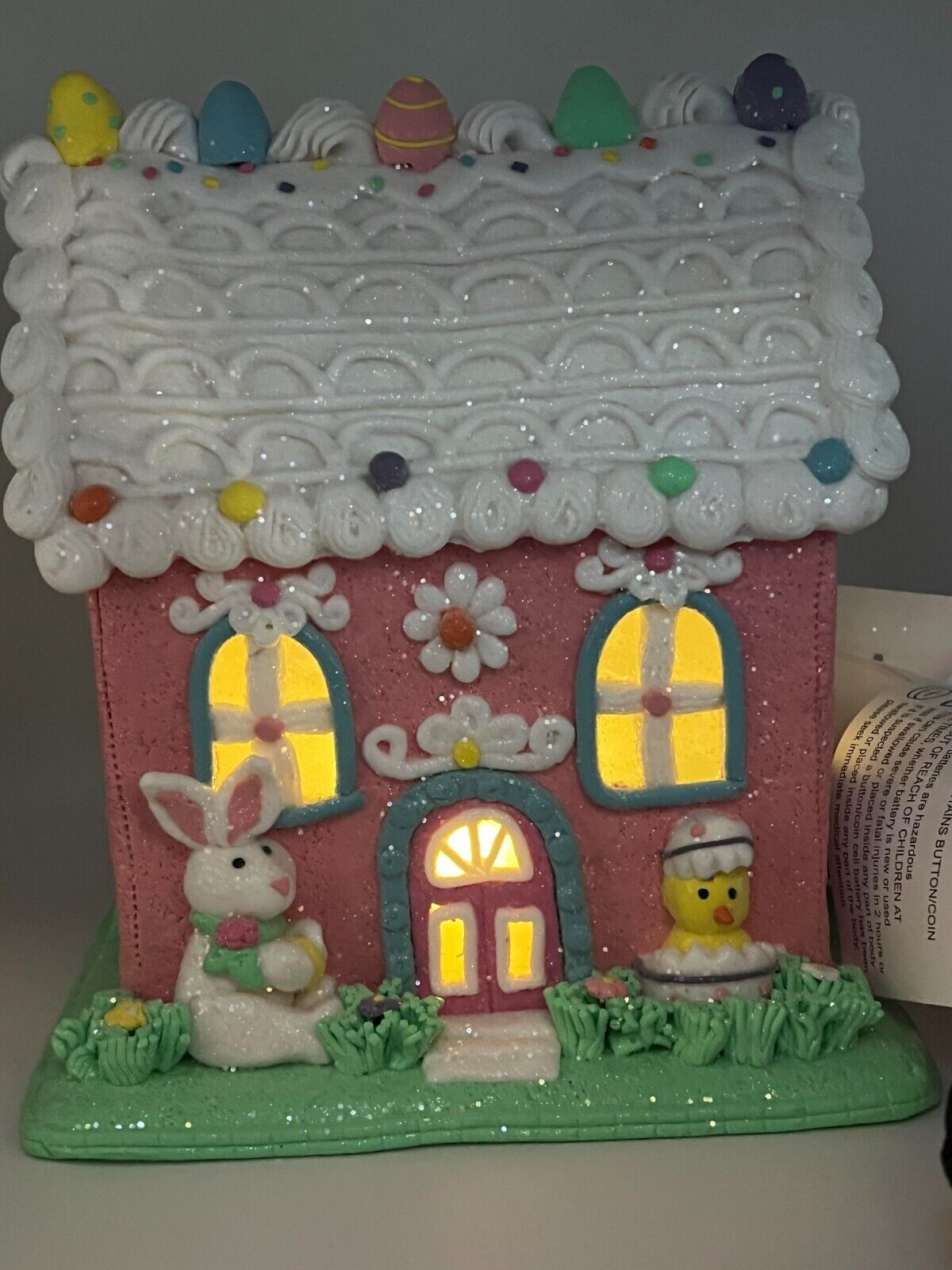 Easter Gingerbread House Light Up Bunny Rabbit  Pink Tabletop Decor 9 in E36