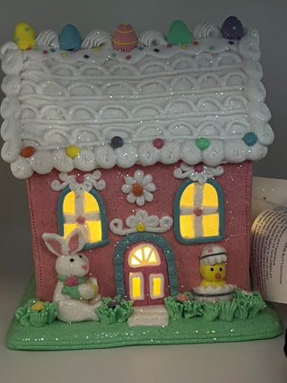 Pink Easter Gumdrop Bunny Chick Light up Gingerbread House