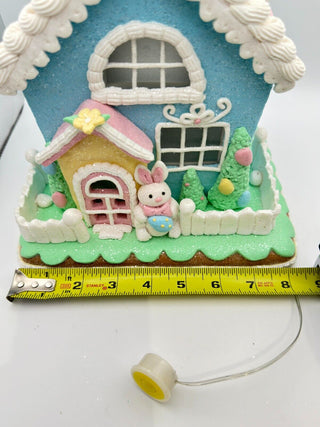 Easter 9" Blue Gingerbread House Light Up Bunny Eggs Tabletop Decor 46E37