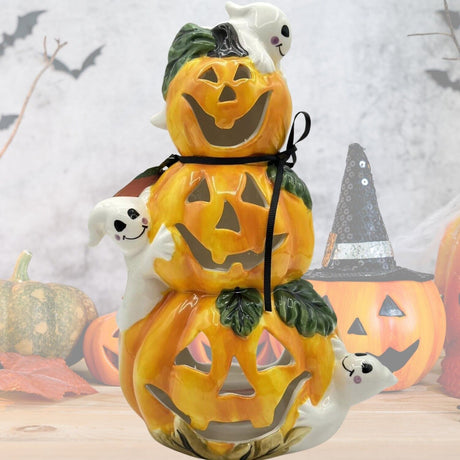 Blue Sky Clayworks Halloween Pumpkin And Ghost Ceramic Candle House