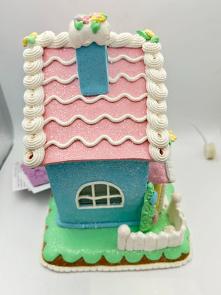 Easter 9" Blue Gingerbread House Light Up Bunny Eggs Tabletop Decor 46E37