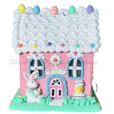 Easter Gingerbread House Light Up Bunny Rabbit  Pink Tabletop Decor 9 in E36