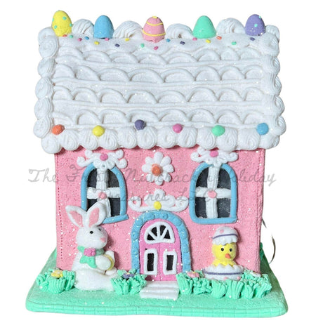 Easter Gingerbread House Light Up Bunny Rabbit  Pink Tabletop Decor 9 in E36