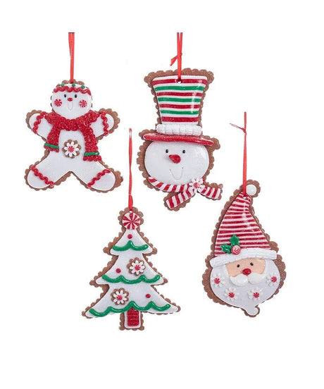 Kurt Adler Gingerbread Frosted Cookie Snowman, Santa, Boy and Tree Ornaments K12