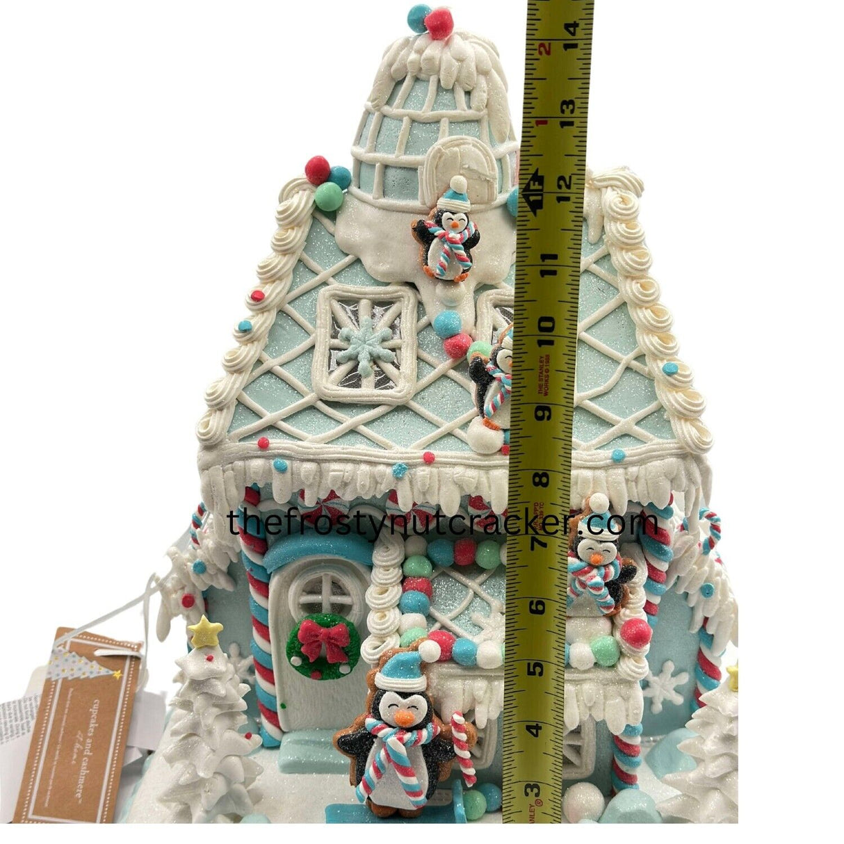 Cupcakes&Cashmere Christmas LightUp Pastel Blue Gingerbread House W/Penguins 14”