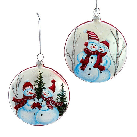 Kurt Adler 100MM Glass Red and White Snowman Disc Ornaments Set of 2 K32