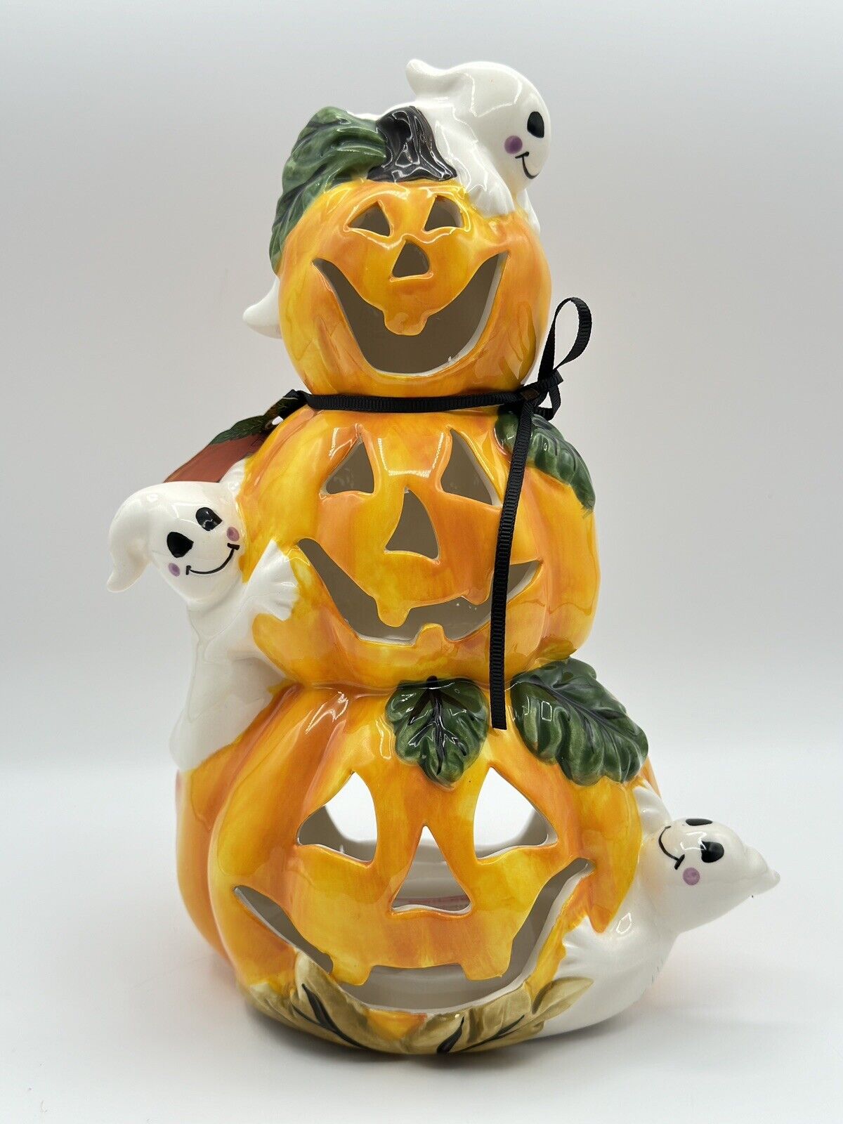 Blue Sky Clayworks Halloween Pumpkin And Ghost Ceramic Candle House