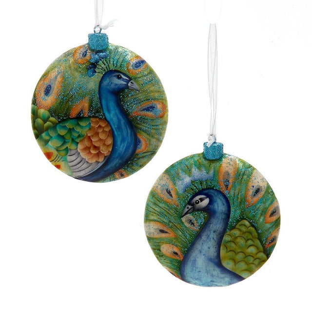 Kurt Adler Peacock Flat Disc Ornament Set of 2 Christmas S4016