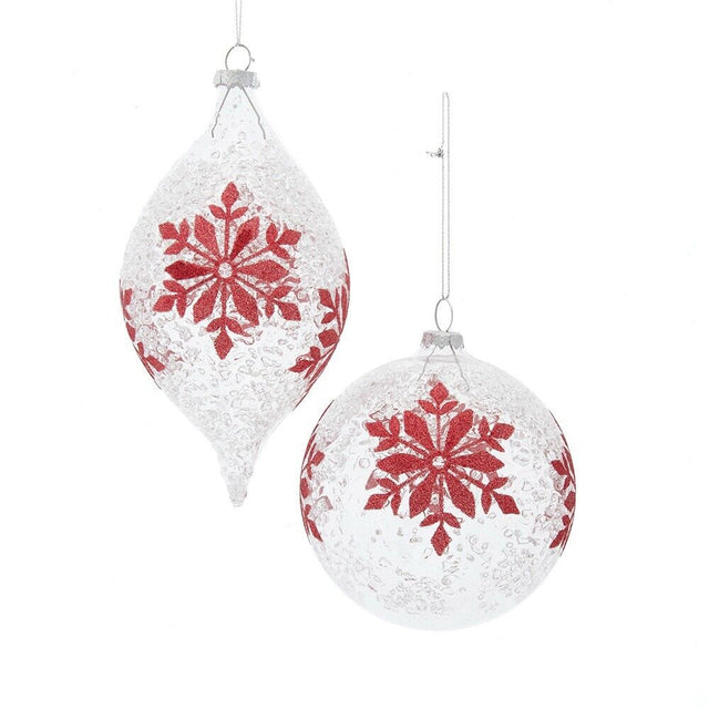 Red White Snowflake Finial Ball Glitter Glass Ornament 4.5" Set K53 Kurt Adler