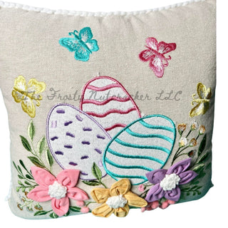 Embroidered Easter Egg Butterfly Floral Throw Pillow Teal Pink