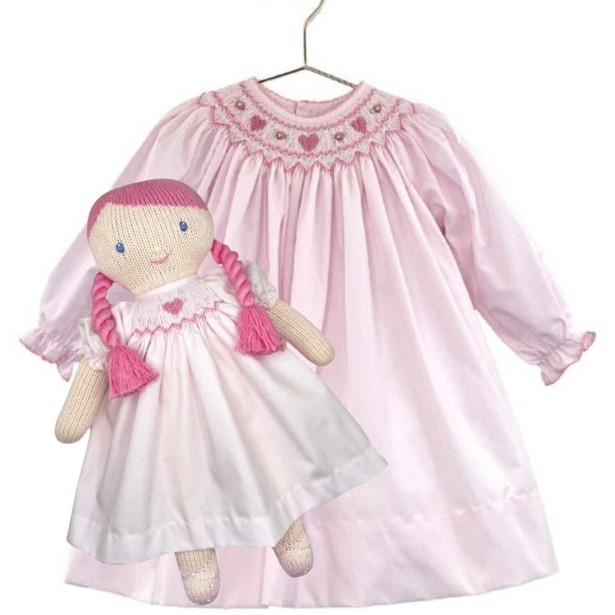 Petit Ami Pink Heart Bishop Smocked Dress with Bloomers & Doll  3 6 9 Months