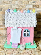 Easter Gingerbread House Light Up Bunny Rabbit  Pink Tabletop Decor 9 in E36