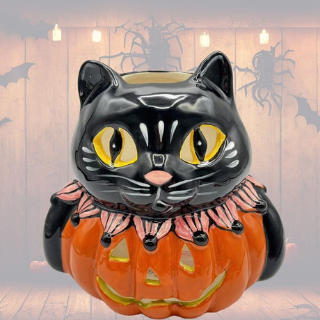 Blue Sky Clayworks Halloween Tea Light Holder Cat Pumpkin Candle House NWT