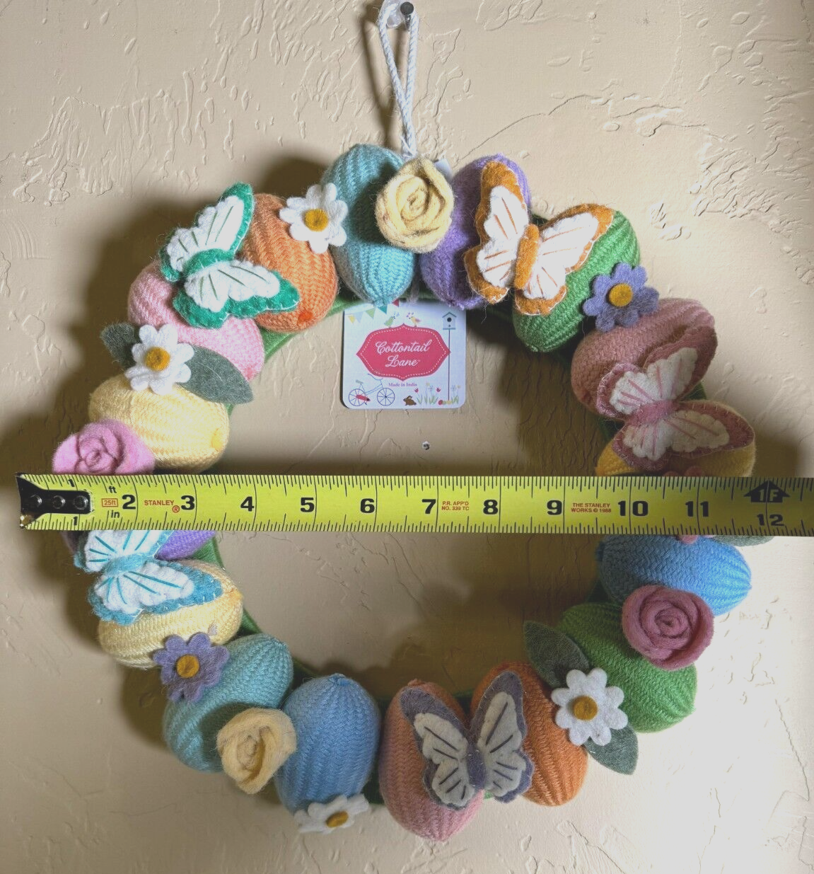 Cottontail Lane Fabric Yarn Easter Egg Butterfly Wall Wreath 2024 E27 Pink Green