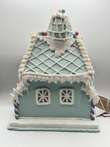 Cupcakes&Cashmere Christmas LightUp Pastel Blue Gingerbread House W/Penguins 14”