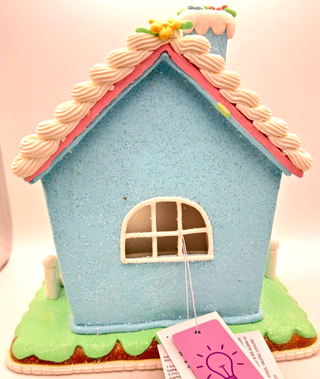 Easter 9" Blue Gingerbread House Light Up Bunny Eggs Tabletop Decor 46E37