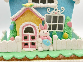 Easter 9" Blue Gingerbread House Light Up Bunny Eggs Tabletop Decor 46E37