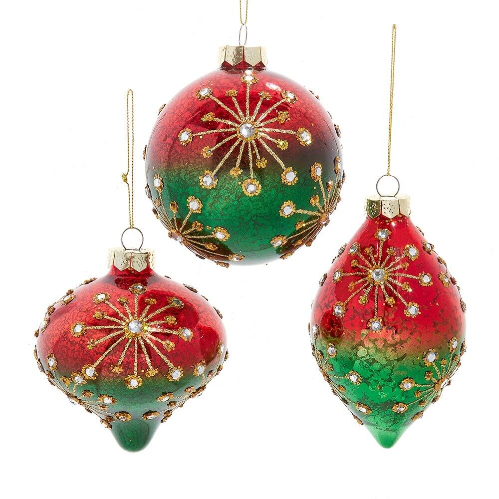 100MM Glass Red & Green Ball Onion & Drop Ornaments Finial 4-6" Set 3 Kurt Adler