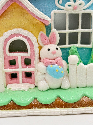 Easter 9" Blue Gingerbread House Light Up Bunny Eggs Tabletop Decor 46E37