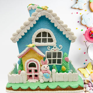 Easter Blue Gingerbread House Light Up Bunny Eggs Tabletop Decor 9 in 46E37