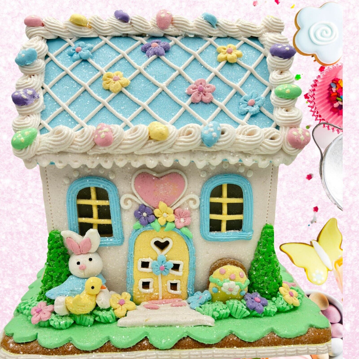 9 in White Blue Easter Gingerbread House Light Up