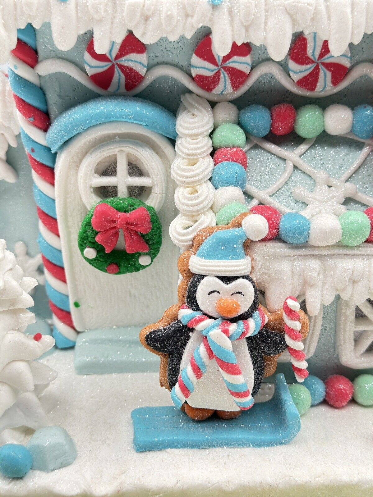 Cupcakes&Cashmere Christmas LightUp Pastel Blue Gingerbread House W/Penguins 14”