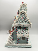 Cupcakes&Cashmere Christmas LightUp Pastel Blue Gingerbread House W/Penguins 14”