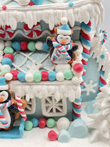 Cupcakes&Cashmere Christmas LightUp Pastel Blue Gingerbread House W/Penguins 14”