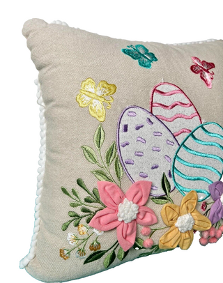 Embroidered Easter Egg Butterfly Floral Throw Pillow Teal Pink