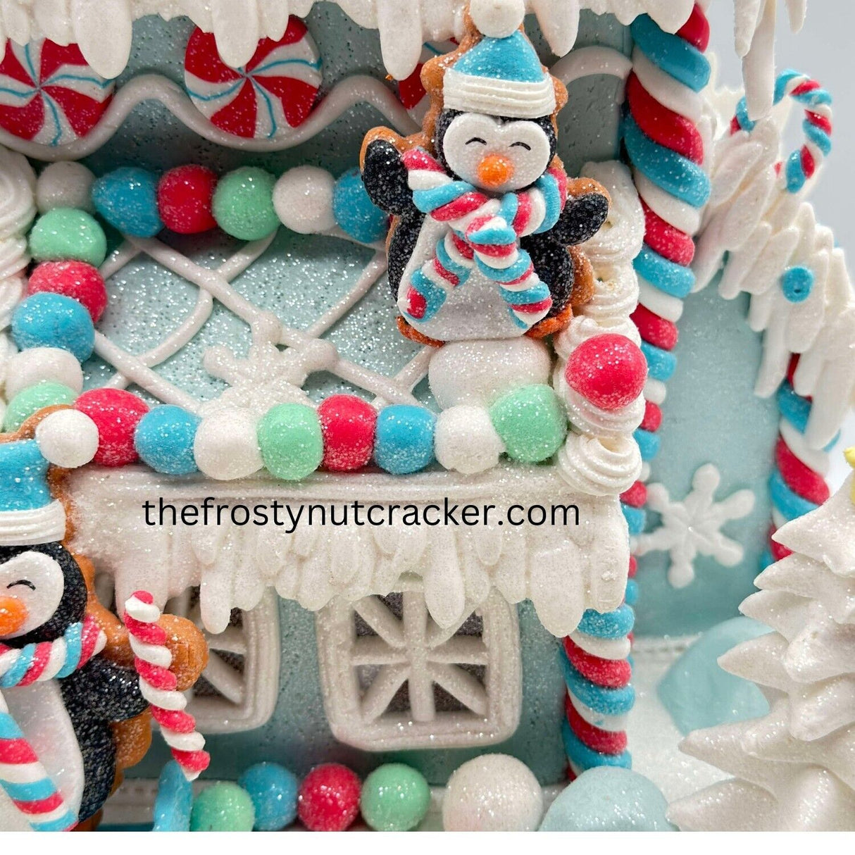 Cupcakes&Cashmere Christmas LightUp Pastel Blue Gingerbread House W/Penguins 14”