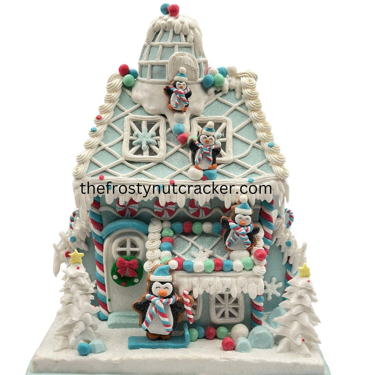 Cupcakes&Cashmere Christmas LightUp Pastel Blue Gingerbread House W/Penguins 14”