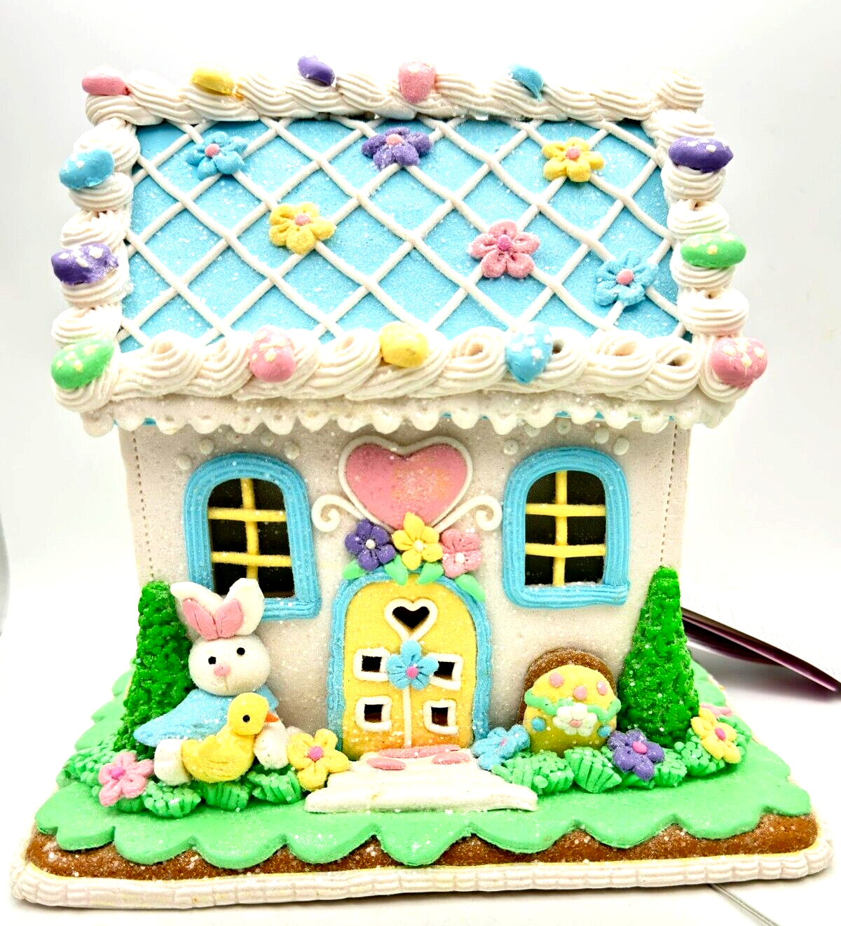 9 in White Blue Easter Gingerbread House Light Up